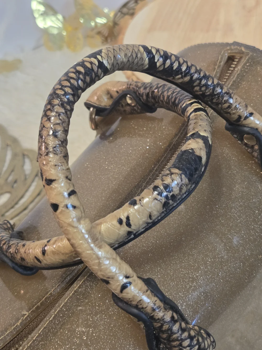 Glitter Dome Satchel in Taupe with Snake-Print Trim